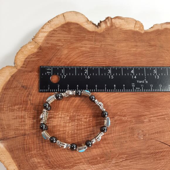 Magnetic Stretch Bracelet Silver Tone, Hematite,‎ Teal Cabochons - Picture 6 of 7